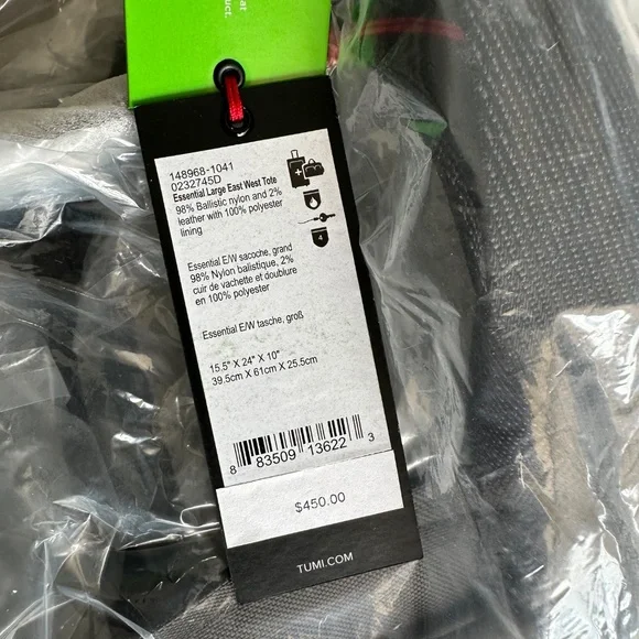 Tumi NWT- 148968-1041/Alpha Bravo Essential Large East West Tote- Black - Picture 11 of 13